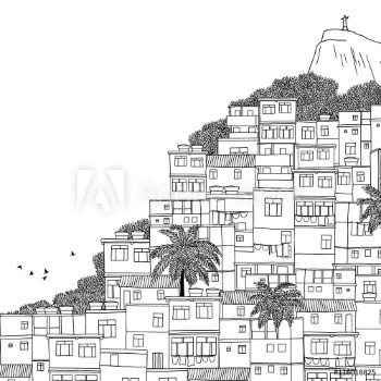 Picture of Rio de Janeiro Brazil - hand drawn black and white illustration with space for text